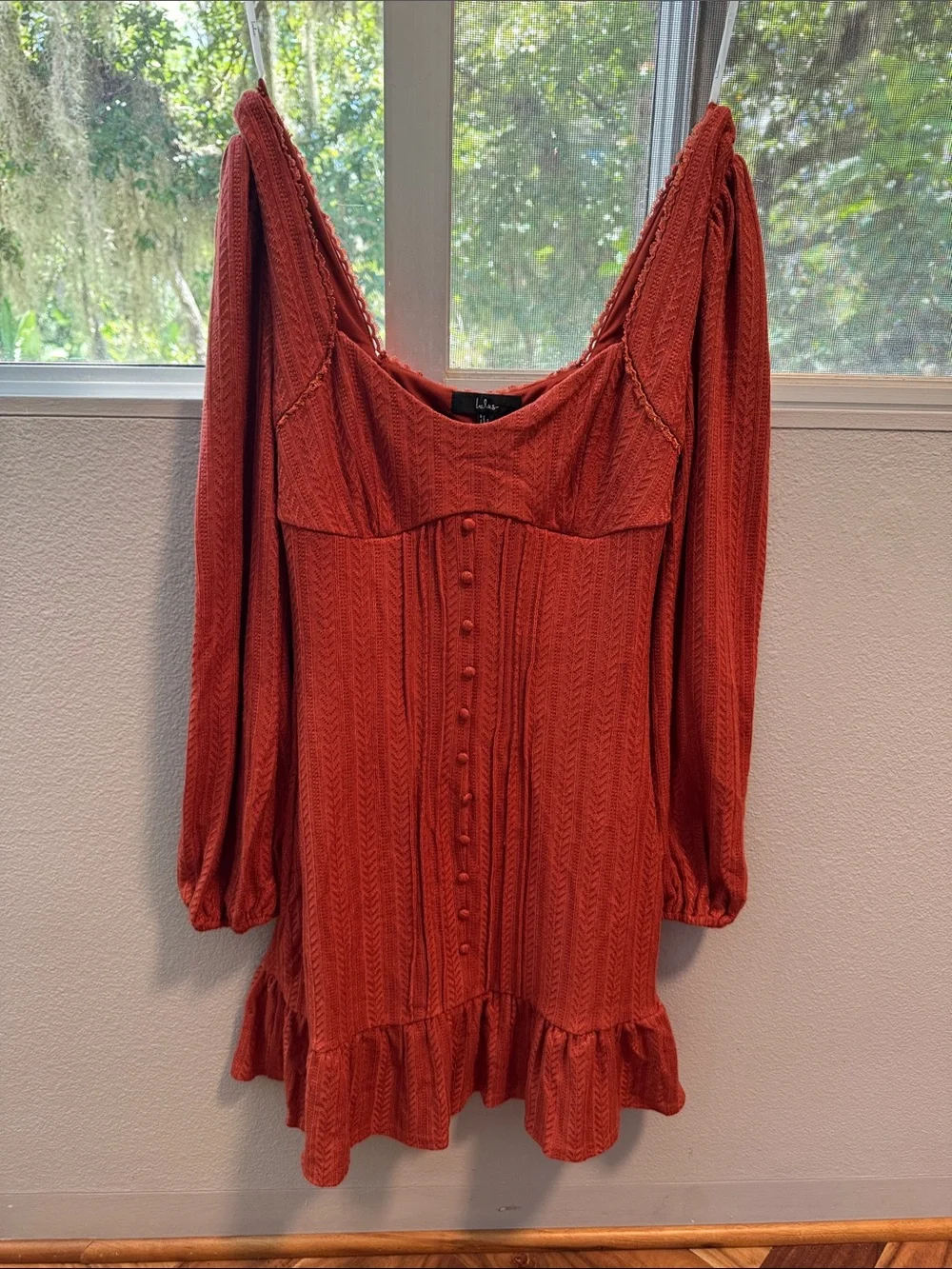 Lulu's Rust Red Long Sleeve Button-Front Mini Dress